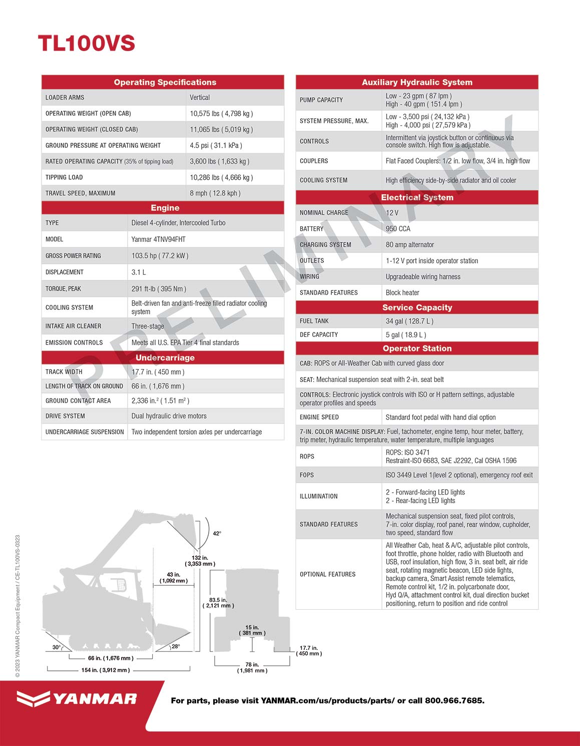 image of specs for YL100vs excavator